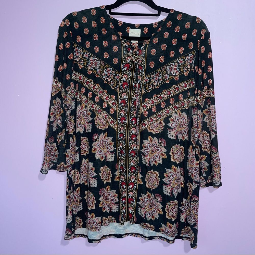 Chico's Boho Everyday Top Women Size L Dark Whimsical Teacher Casual Lightweight